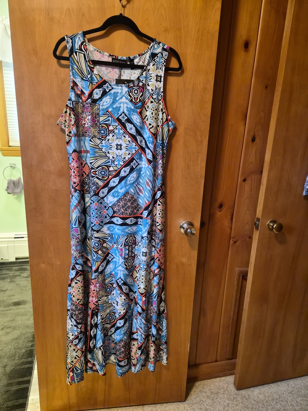 Attitudes by Renee Sleeveless Maxi Dress in Blue and Pink Mosaic